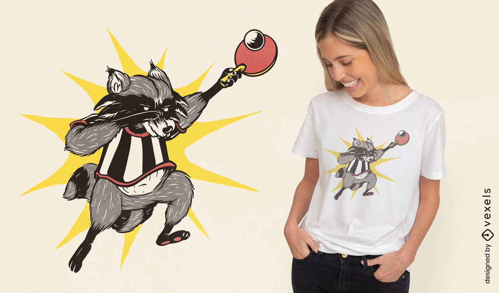 Diseño de camiseta de mapache de ping pong.