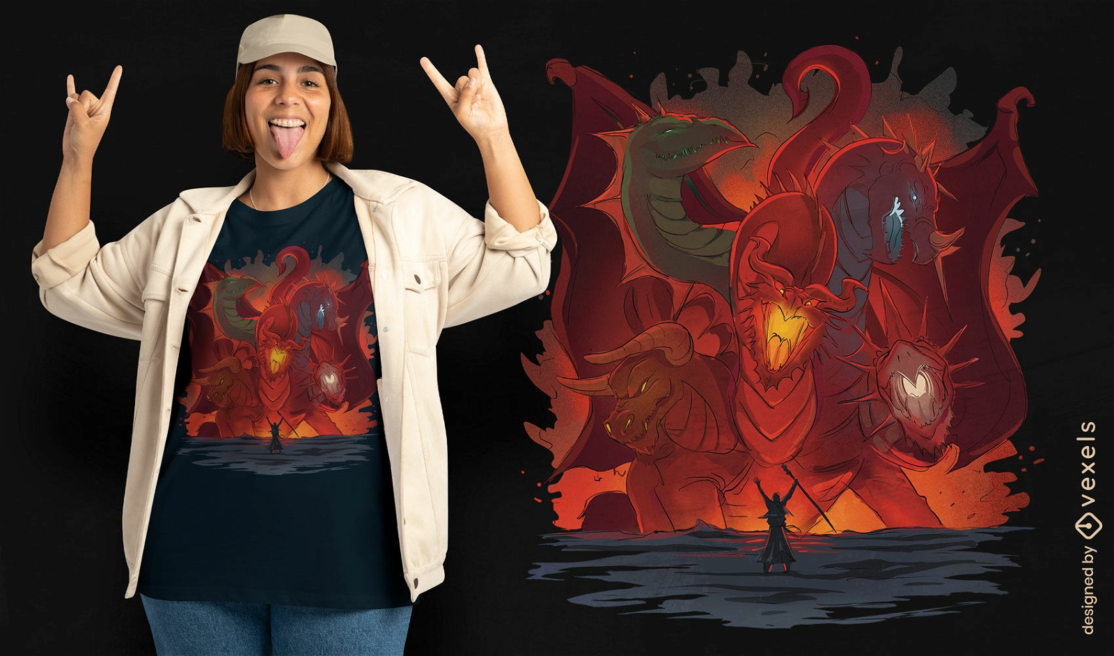 Design de camiseta de fantasia de dragão de cinco cabeças