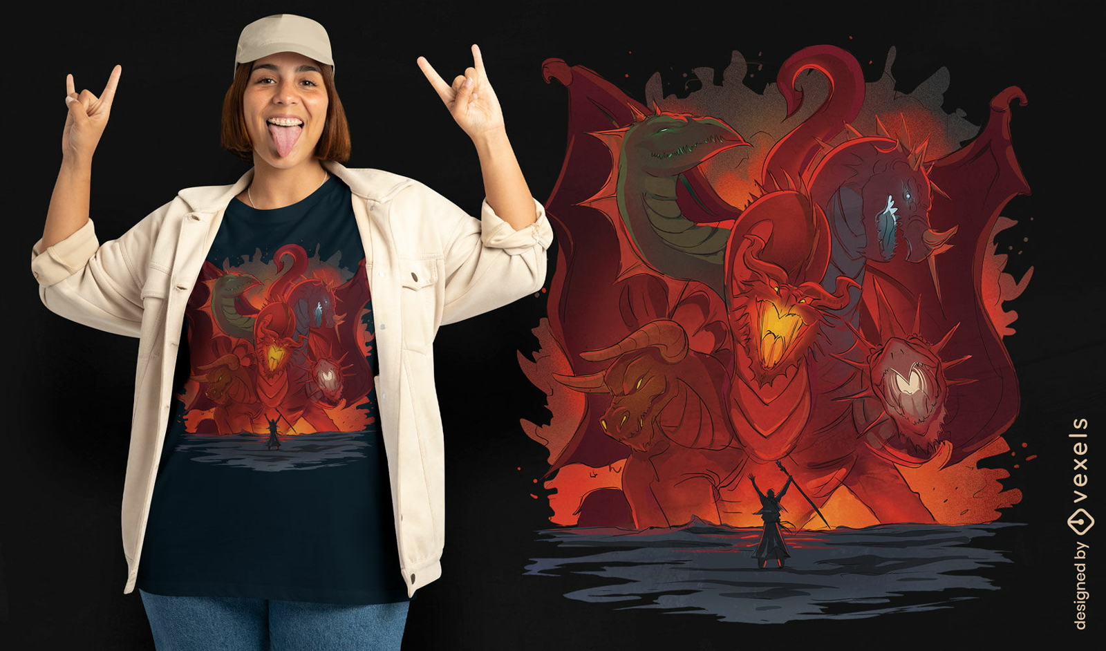 Diseño de camiseta de fantasía de dragón de cinco cabezas.