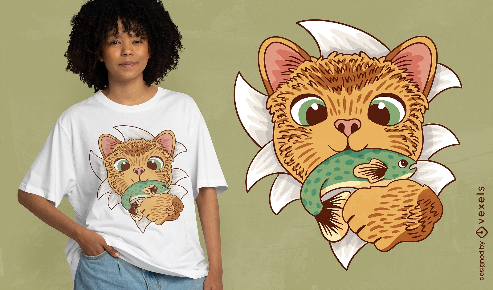 Gato com design de camiseta de desenho animado de peixe