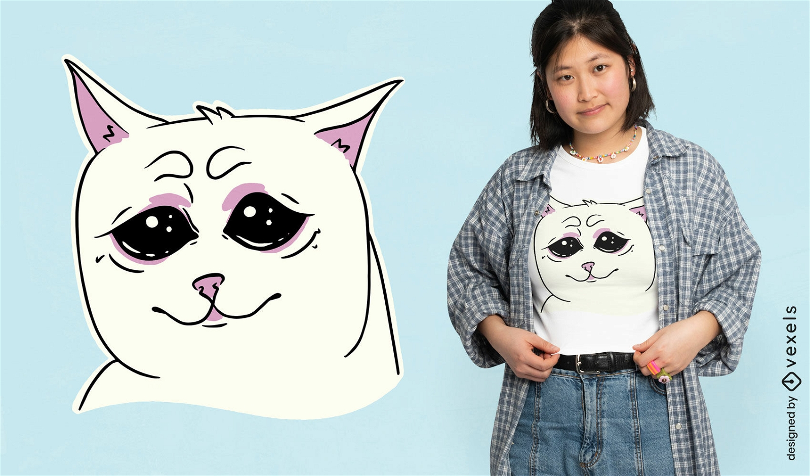 Trauriges Tier-T-Shirt-Design mit wei?er Katze