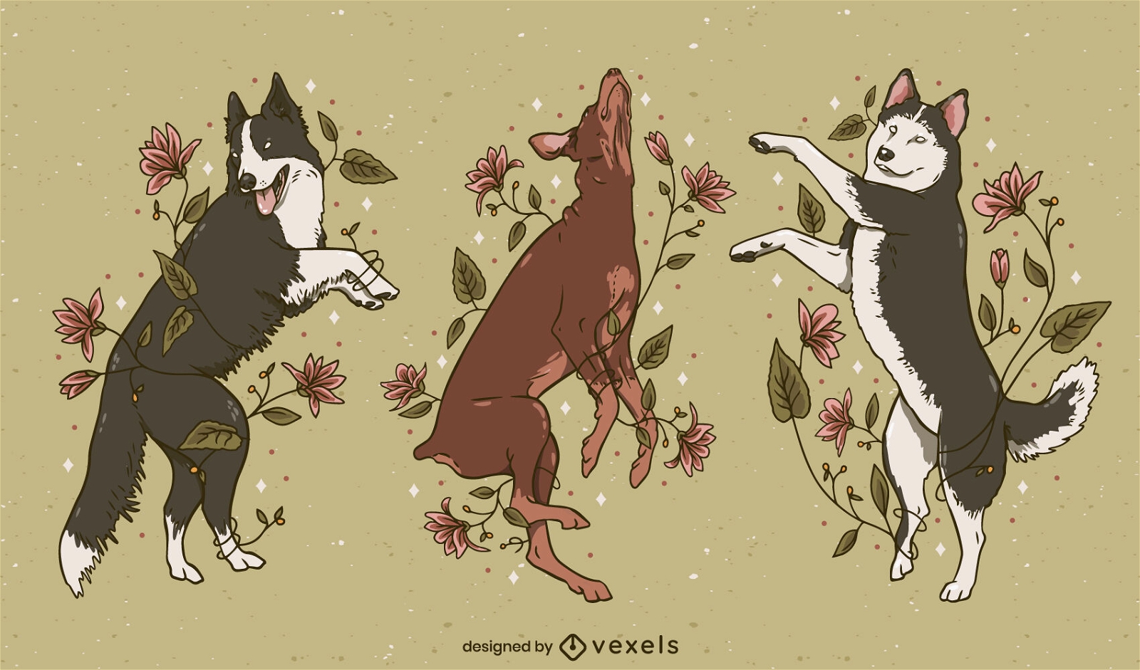 Conjunto de design floral de diferentes raças de cães