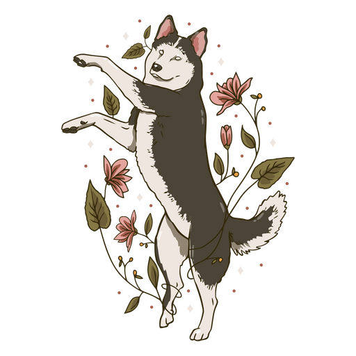 Cachorro Husky com flores nas costas Desenho PNG