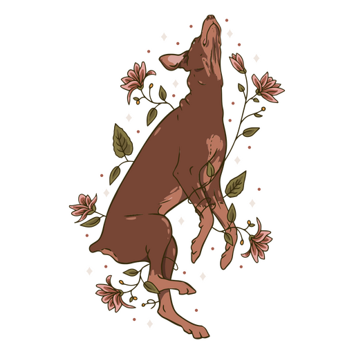 Perro marrón con flores en la espalda. Diseño PNG