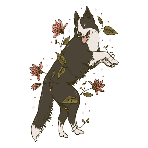 Perro blanco y negro con flores. Diseño PNG
