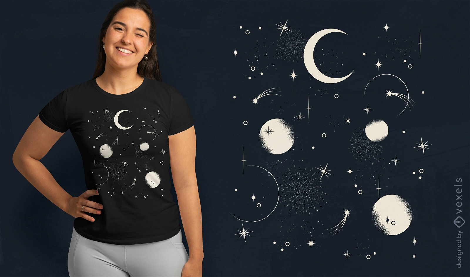 Diseño de camiseta de luna y estrellas en el cielo nocturno.