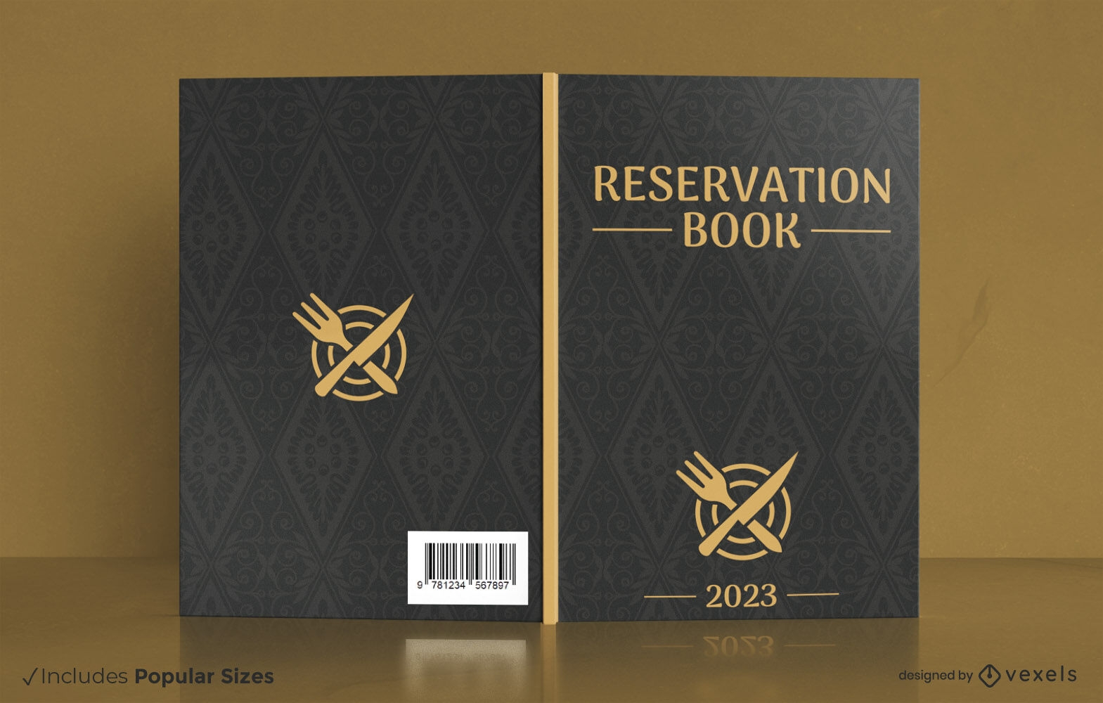 Diseño de portada de libro dorado de reserva de restaurante