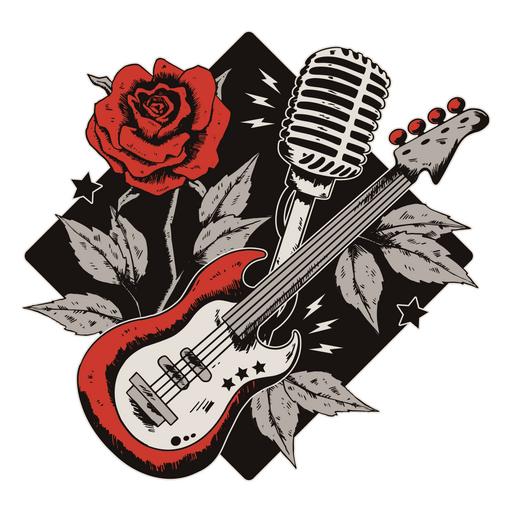 Guitar with a microphone and roses PNG Design