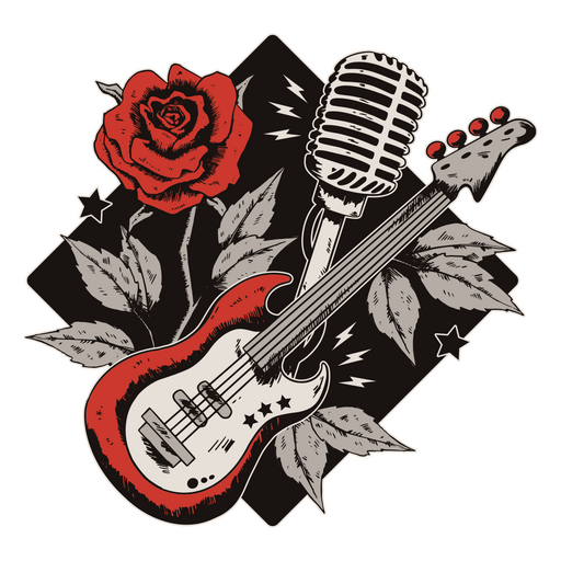 Guitarra con micrófono y rosas. Diseño PNG