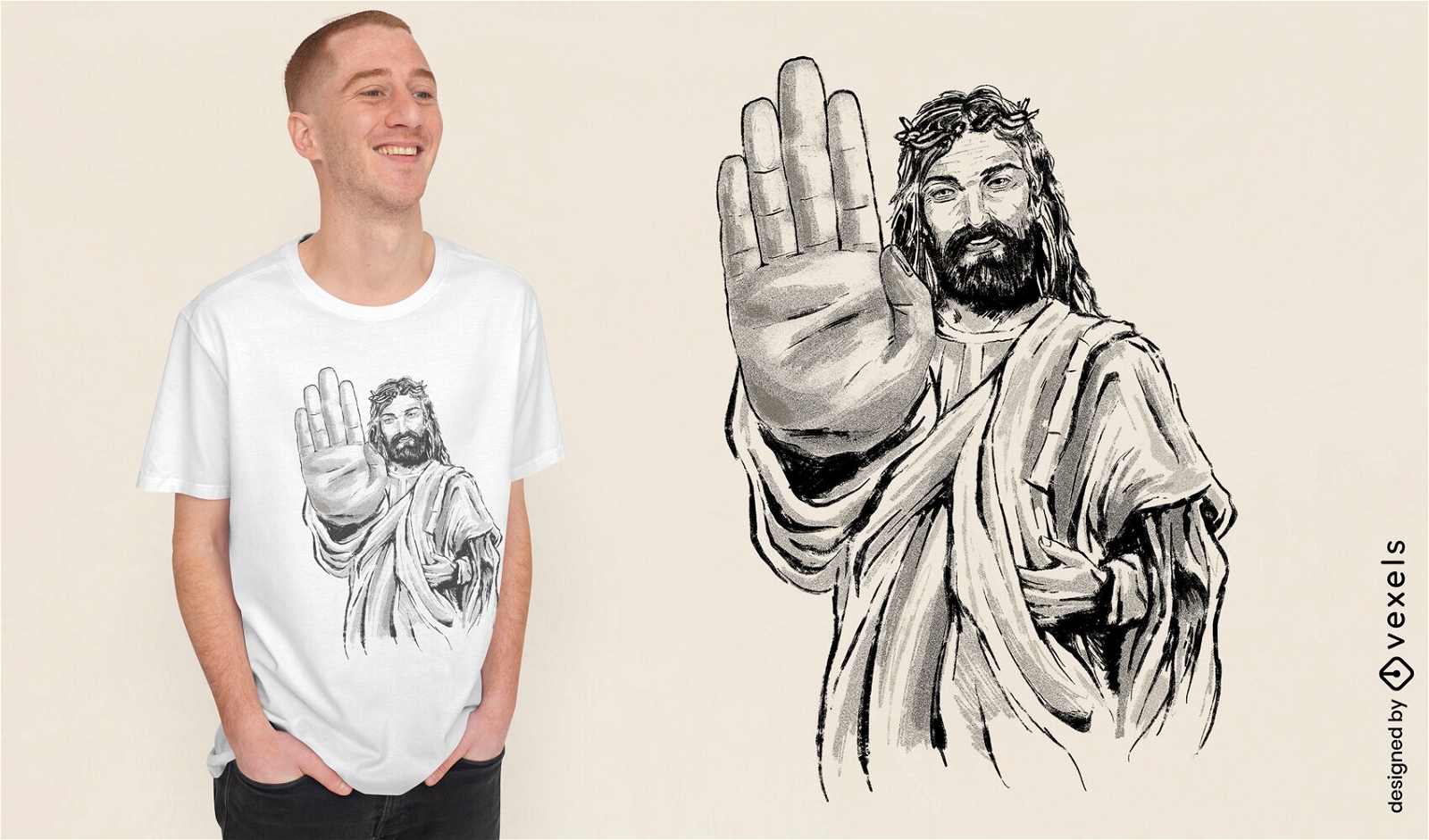 Jesús haciendo diseño de camiseta de señal de stop