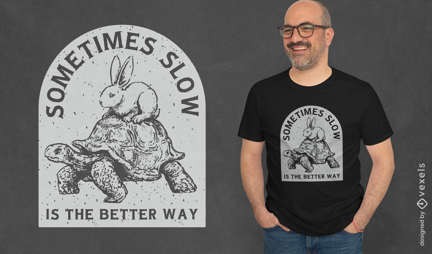 Diseño de camiseta de conejo montando una tortuga lenta