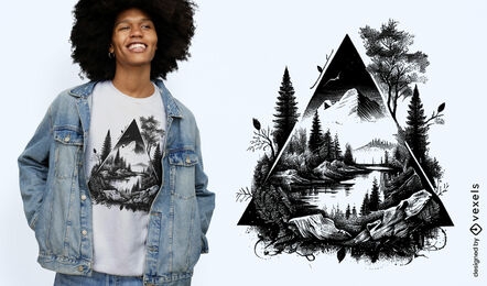 Paisaje de montaña en un diseño de camiseta triangular.