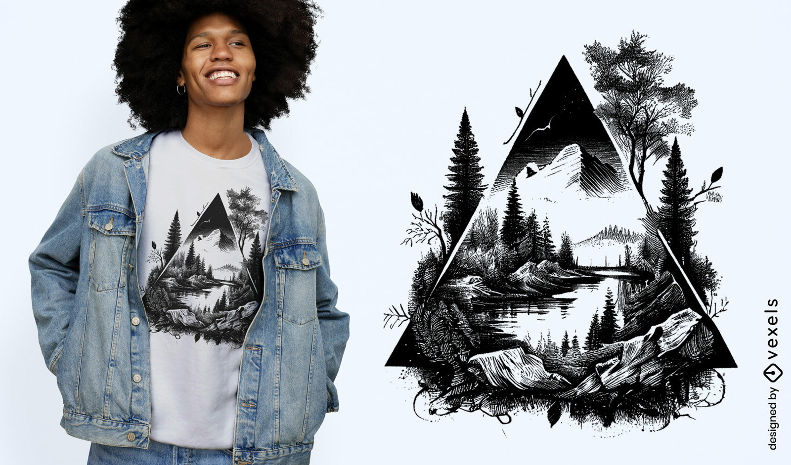 Paisagem montanhosa em um design de camiseta triangular