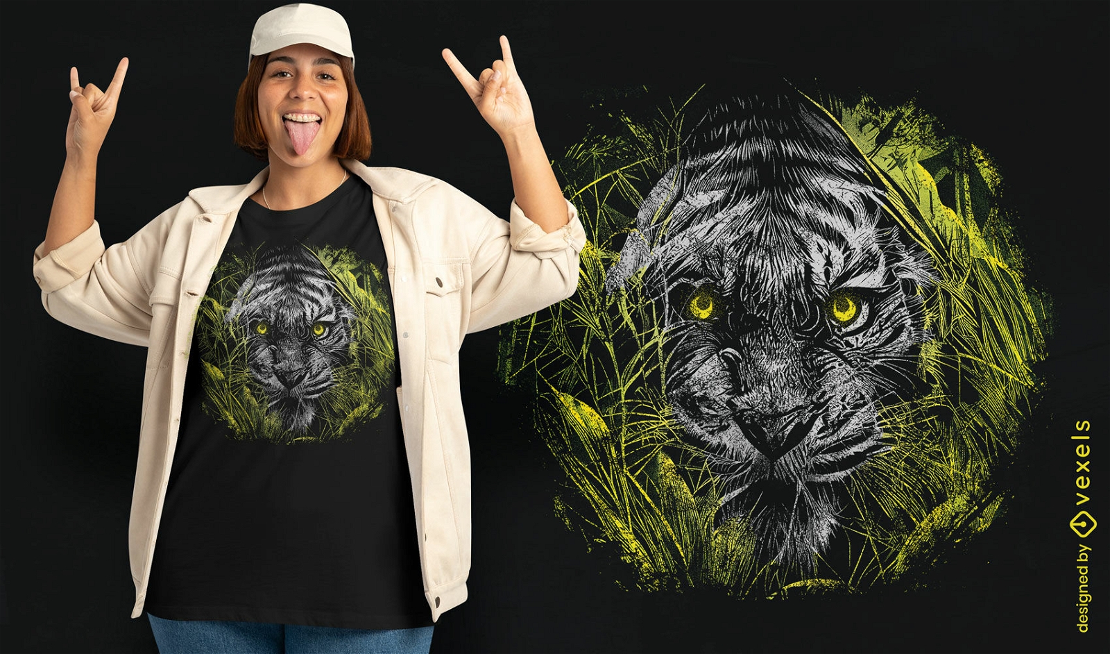 Dise?o de camiseta de tigre escondido en la hierba.