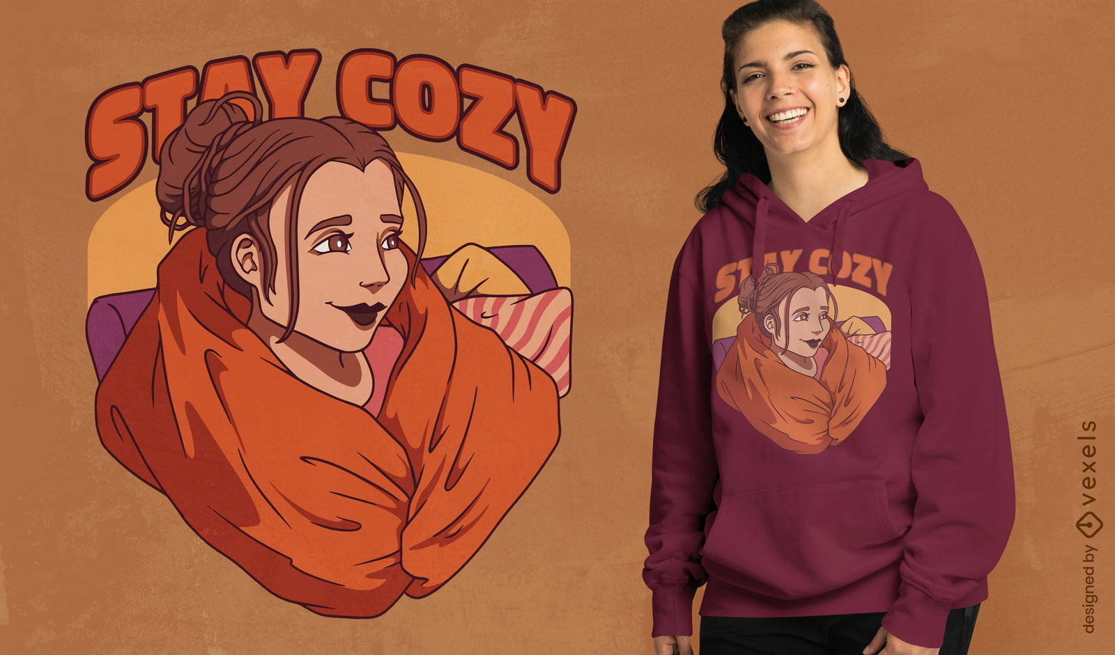 Chica acogedora con diseño de camiseta de manta.