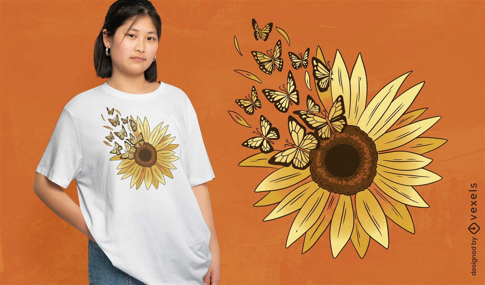Design de camiseta de girassol e borboletas