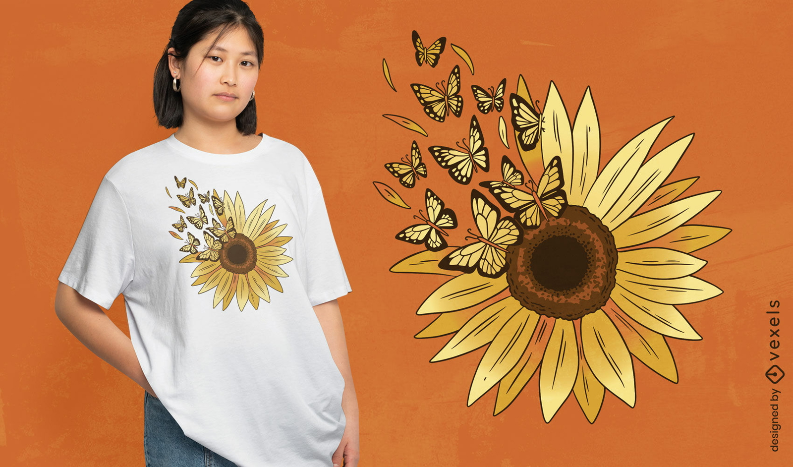 Diseño de camiseta de girasol y mariposas.