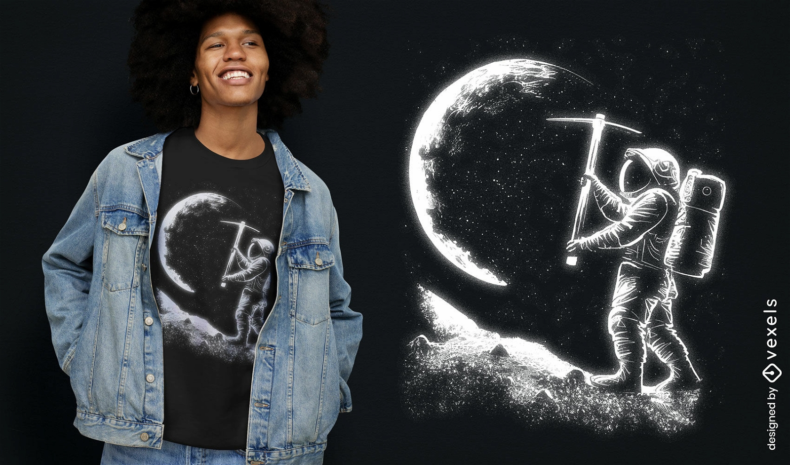 Diseño de camiseta de astronauta recogiendo la luna.