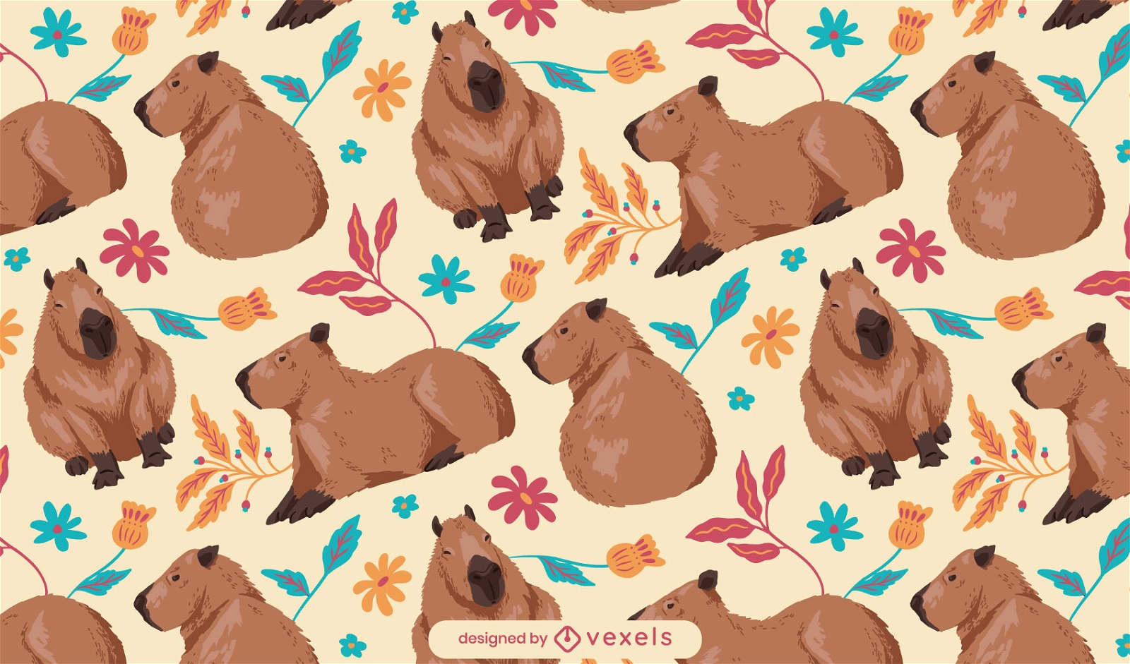 Capybaras and flowers pattern design