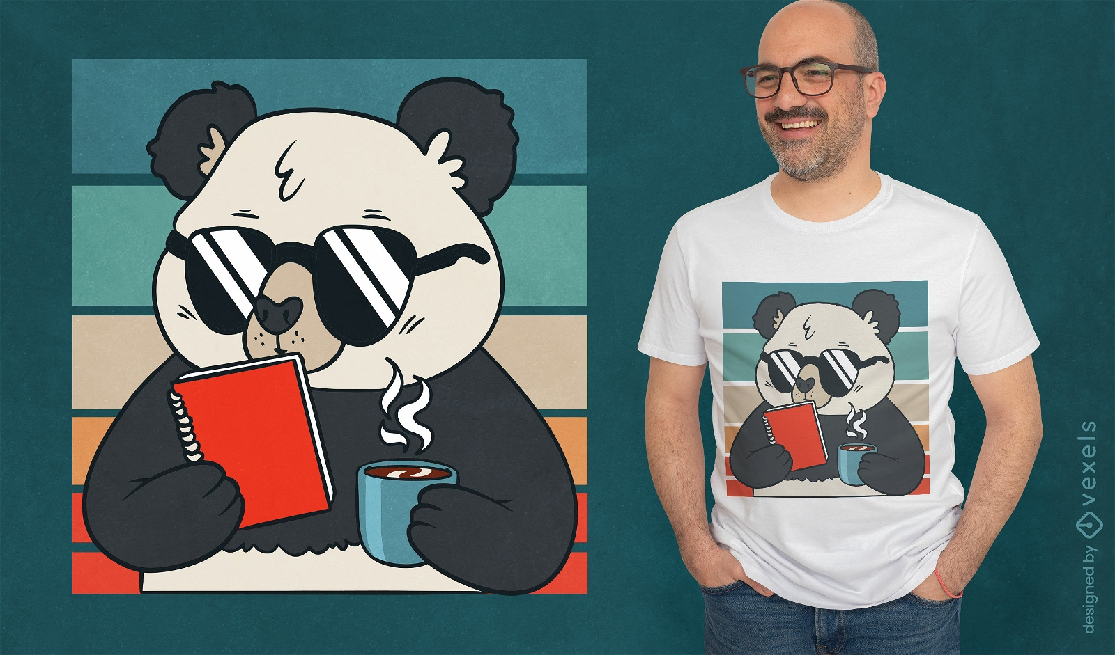 Design de camiseta retrô panda bebendo café