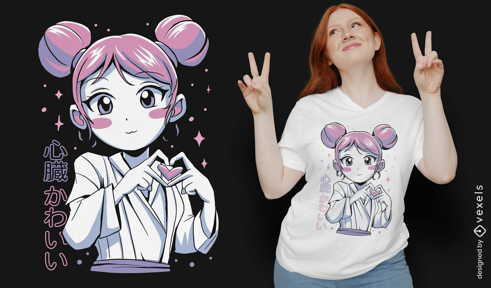 Diseño de camiseta de manos de corazón de chica anime