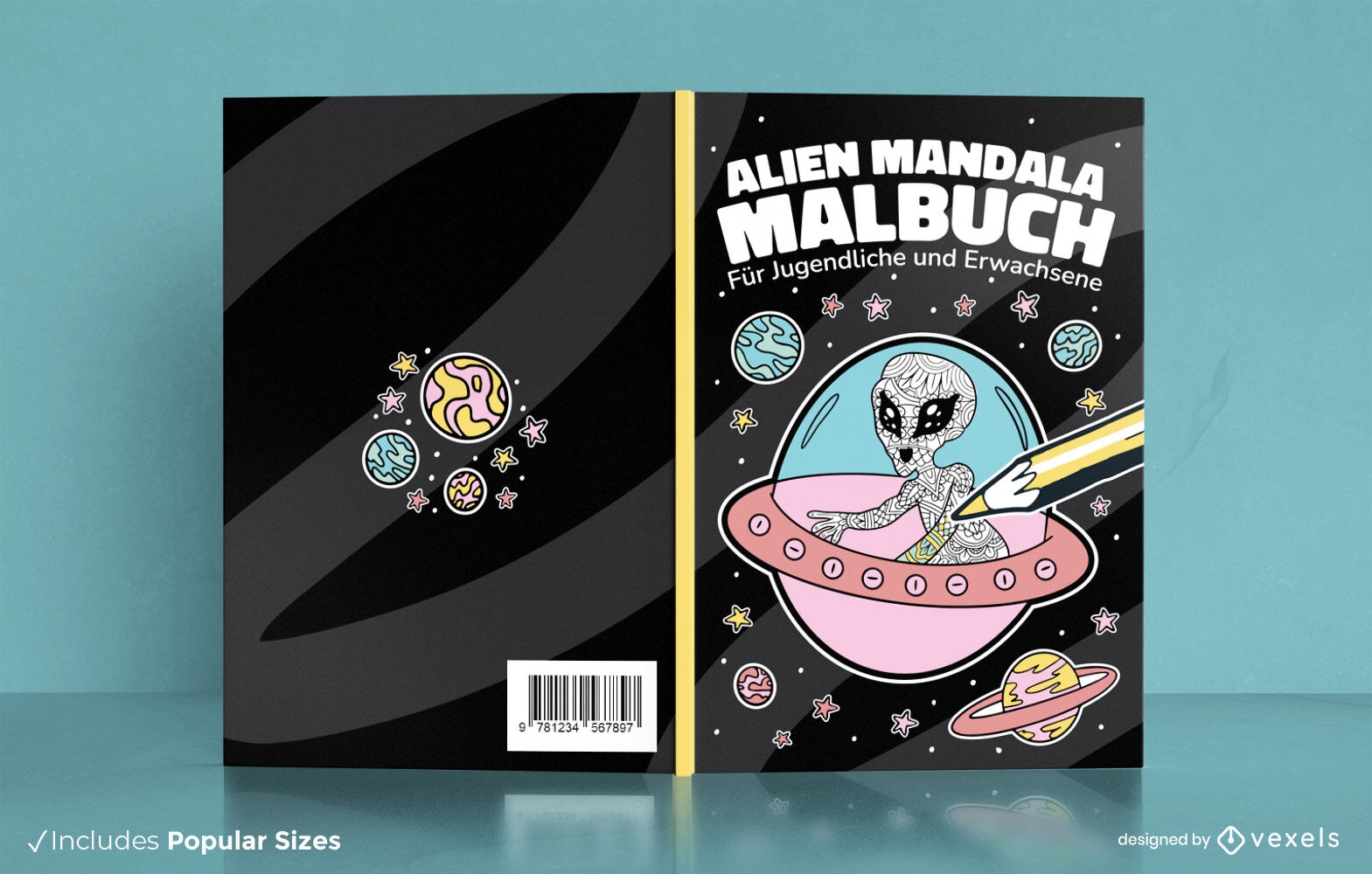 Mandala alien en dise?o de portada de libro de nave espacial