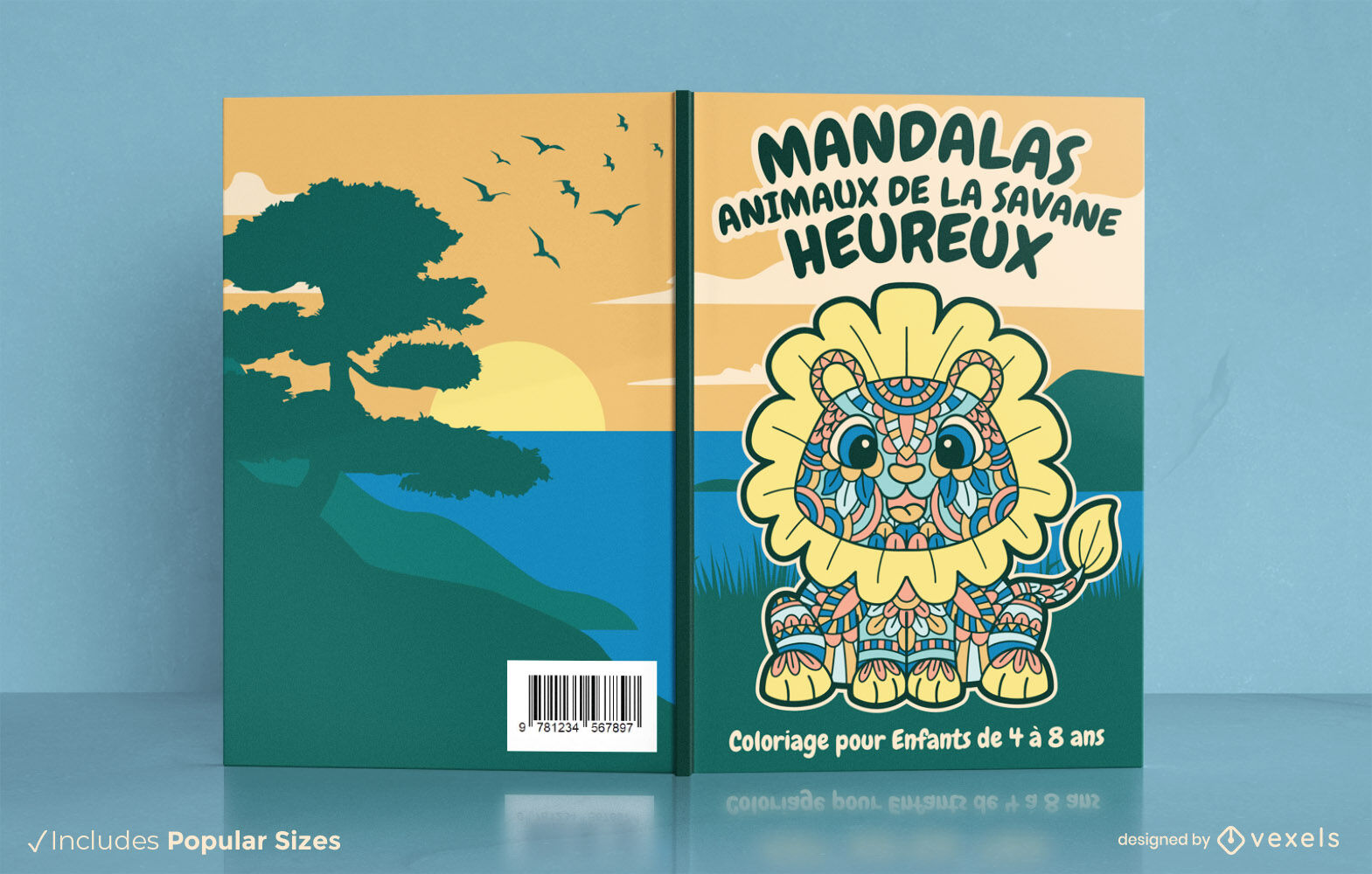 Design de capa de livro de leão de mandala feliz