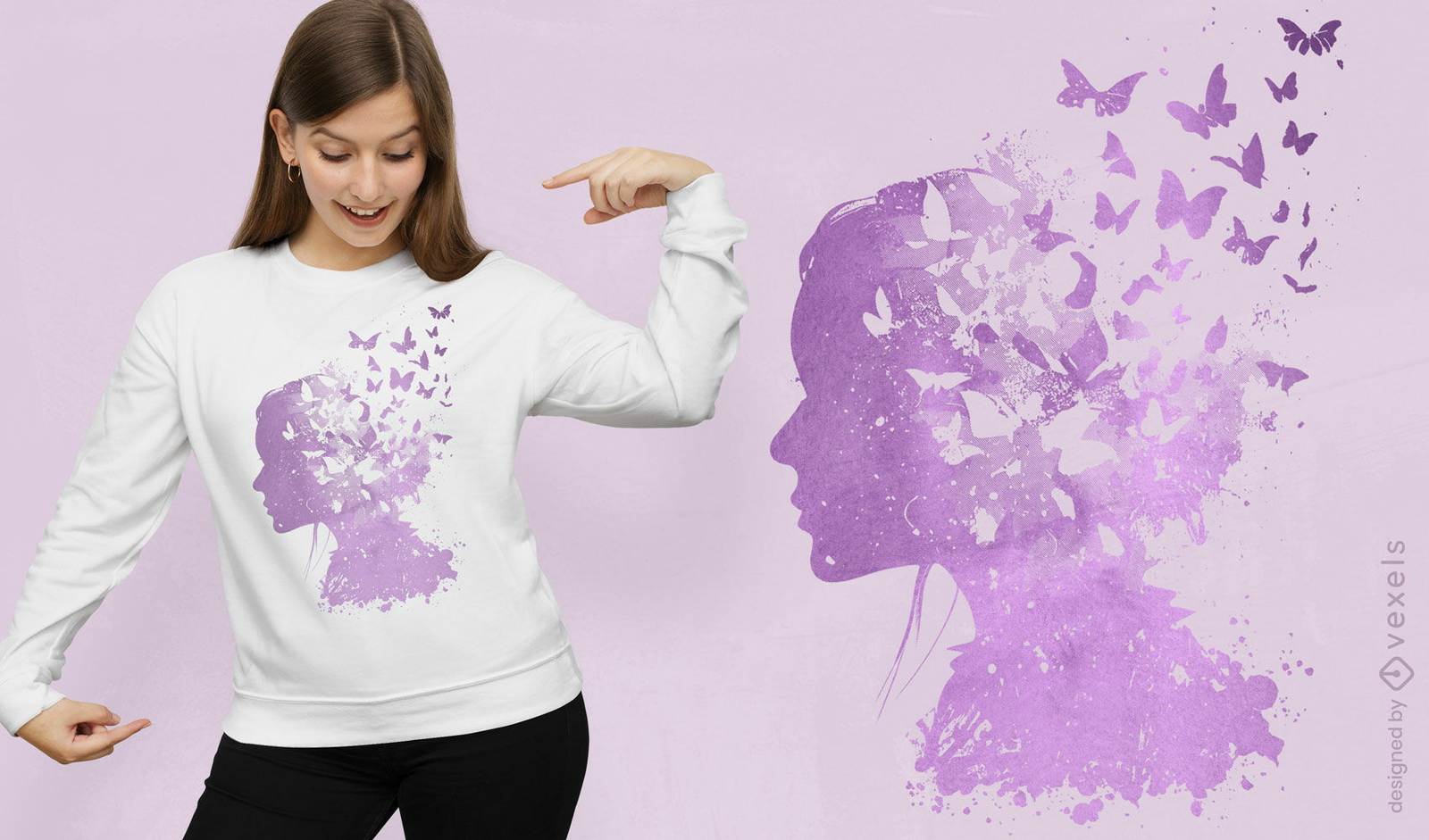 Silueta de mujer con diseño de camiseta de mariposas.