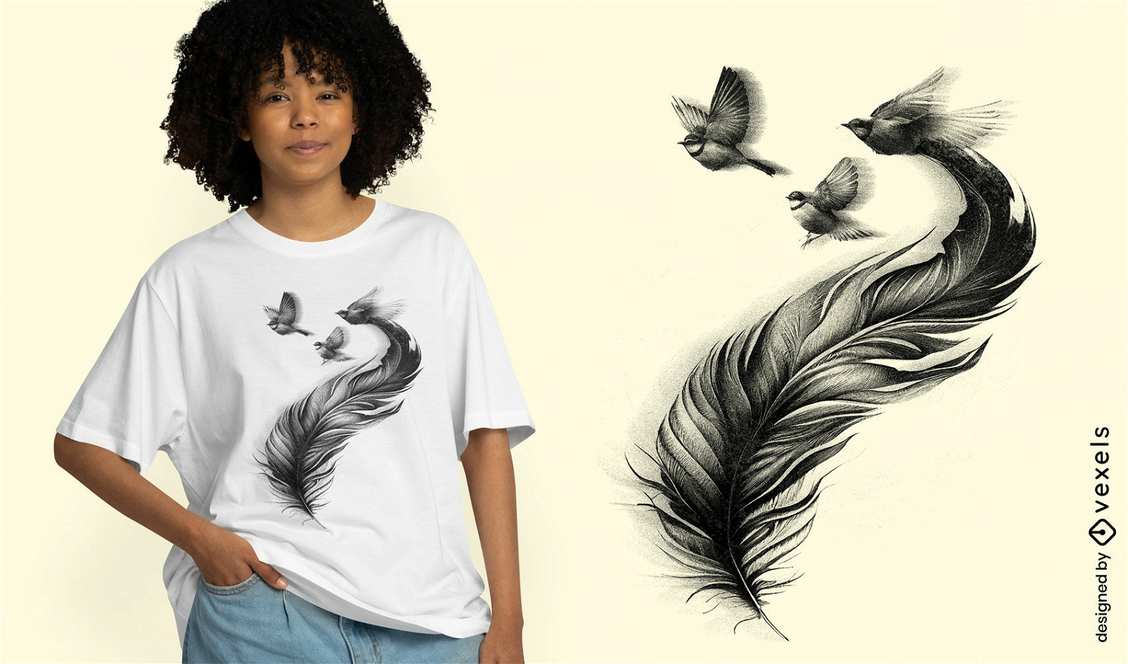 Diseño de camiseta pluma con pájaros