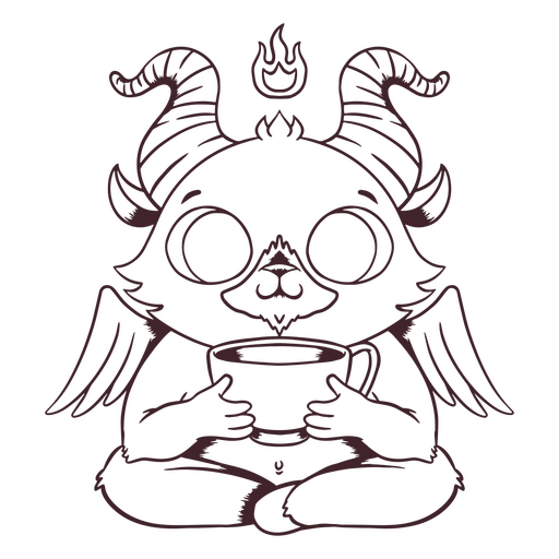 Black and white drawing of a demon holding a cup of coffee PNG Design