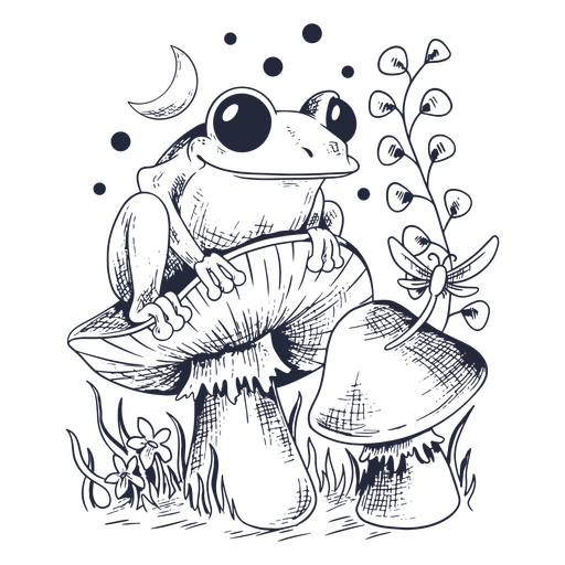 Dibujo en blanco y negro de una rana sentada sobre una seta. Diseño PNG