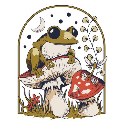 Frosch sitzt auf einem Pilz mit einer Libelle PNG-Design