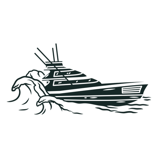 Black and white drawing of a boat in the ocean PNG Design
