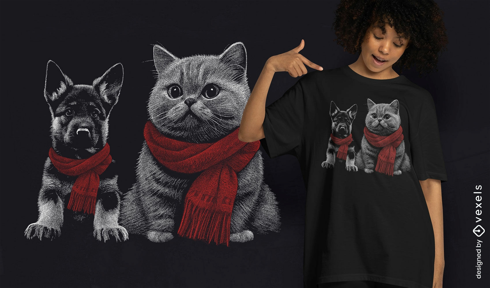 Diseño de camiseta de perro y gato con bufandas.