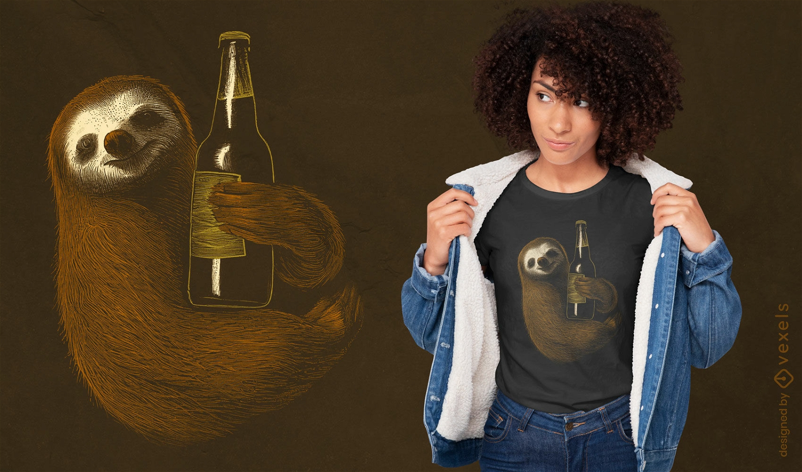 Preguiça abraçando design de camiseta de cerveja