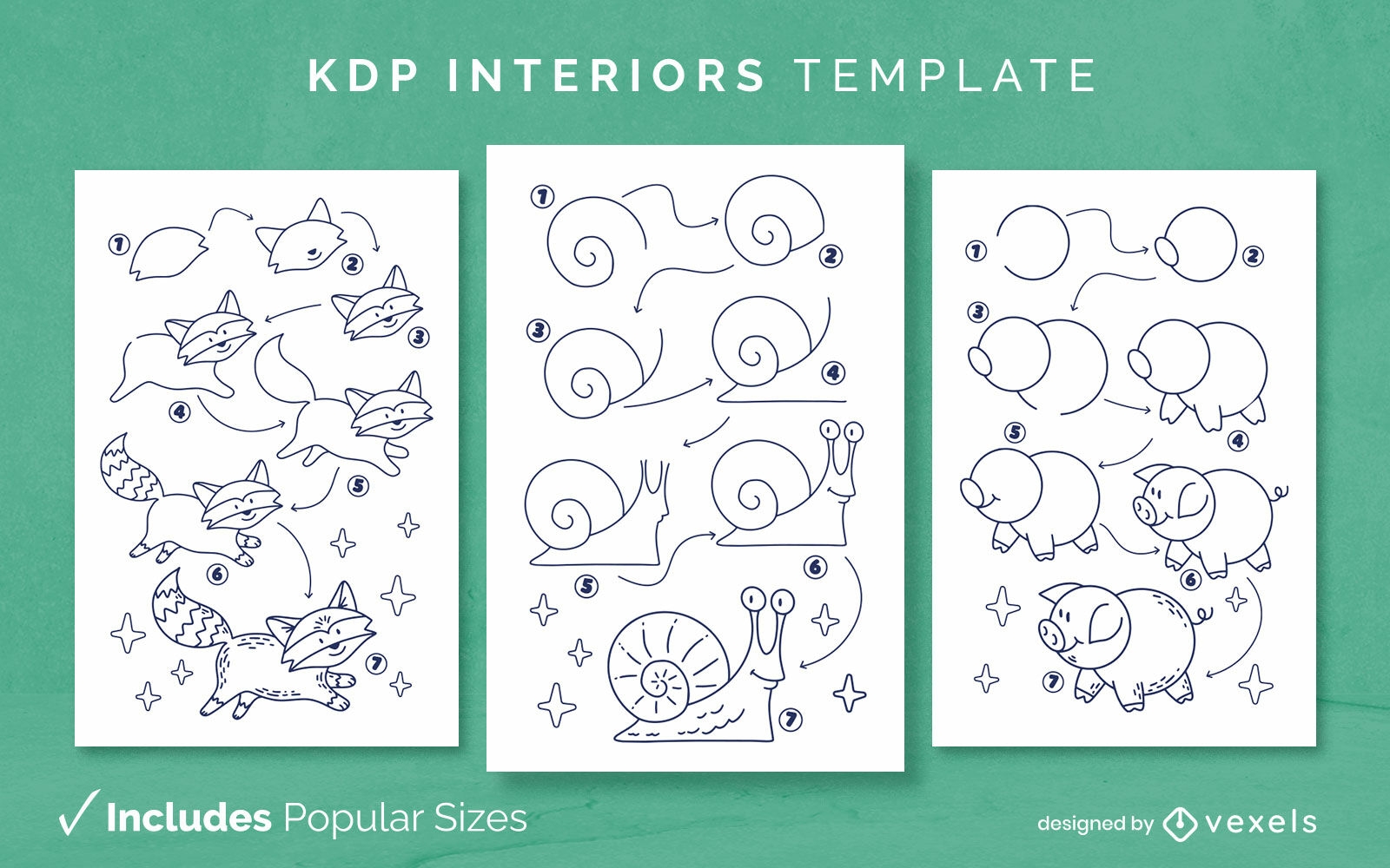Drawing animals diary design template KDP