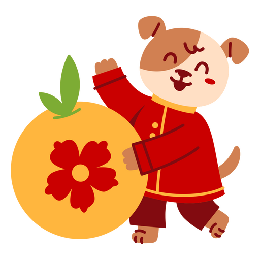 Personaje de perro juguetón con decoración festiva naranja. Diseño PNG