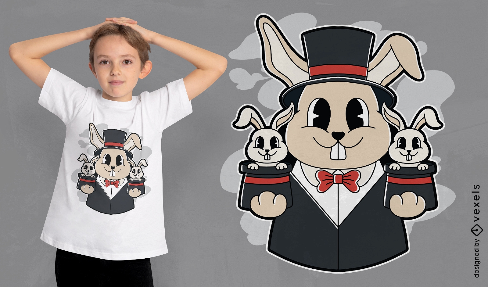 Diseño de camiseta de dibujos animados de conejos y sombreros de copa.