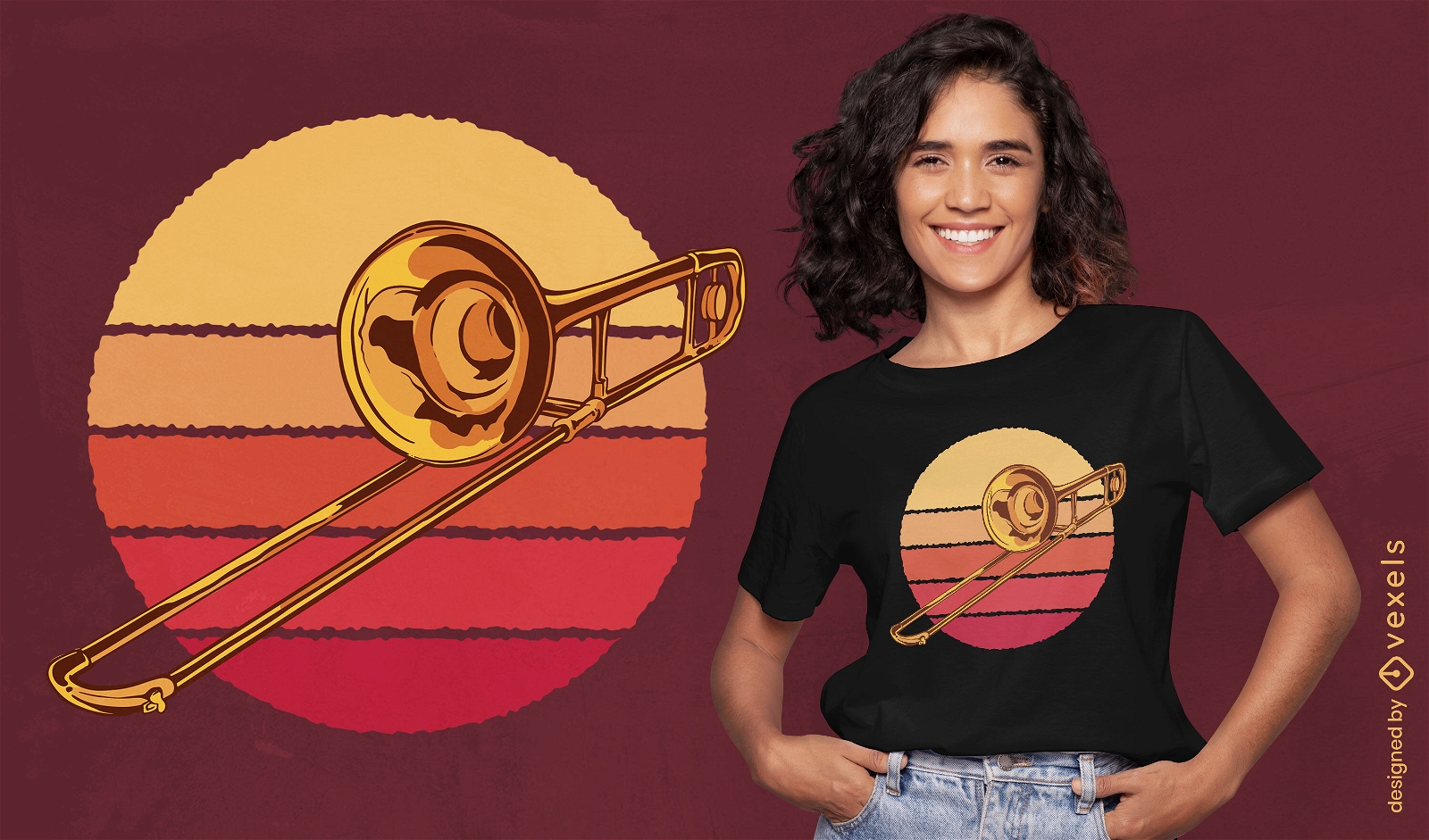 Diseño de camiseta de trompeta y puesta de sol retro.