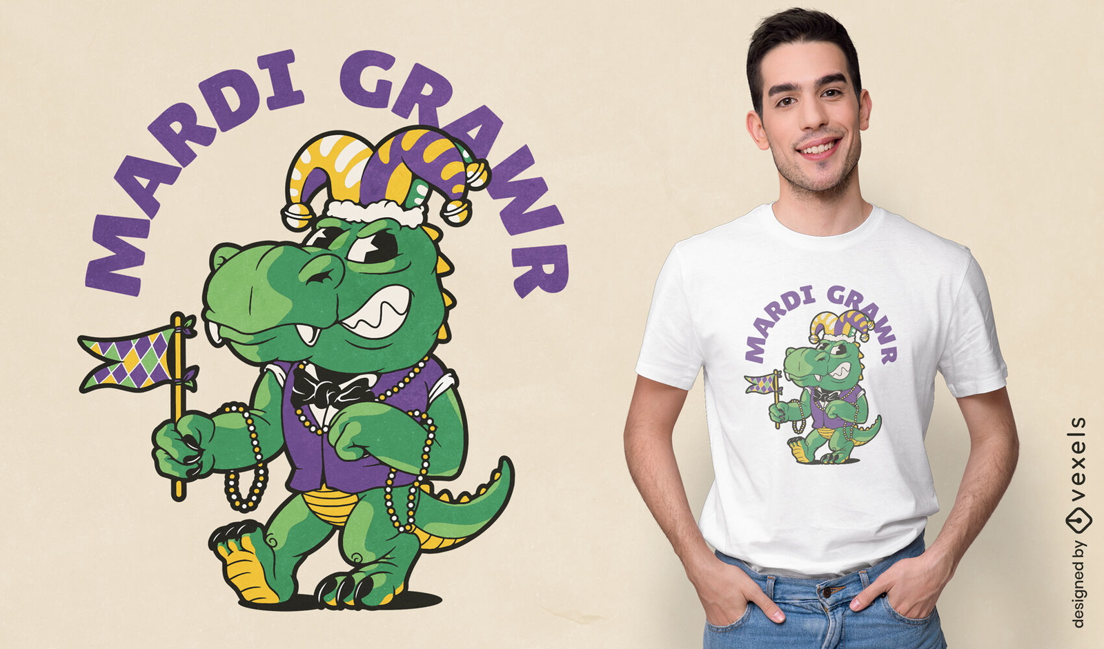 Diseño de camiseta de mardi gras de dinosaurio t-rex