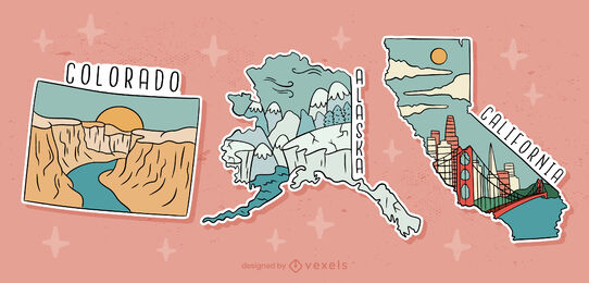 Conjunto de cartões postais de paisagens dos estados dos EUA
