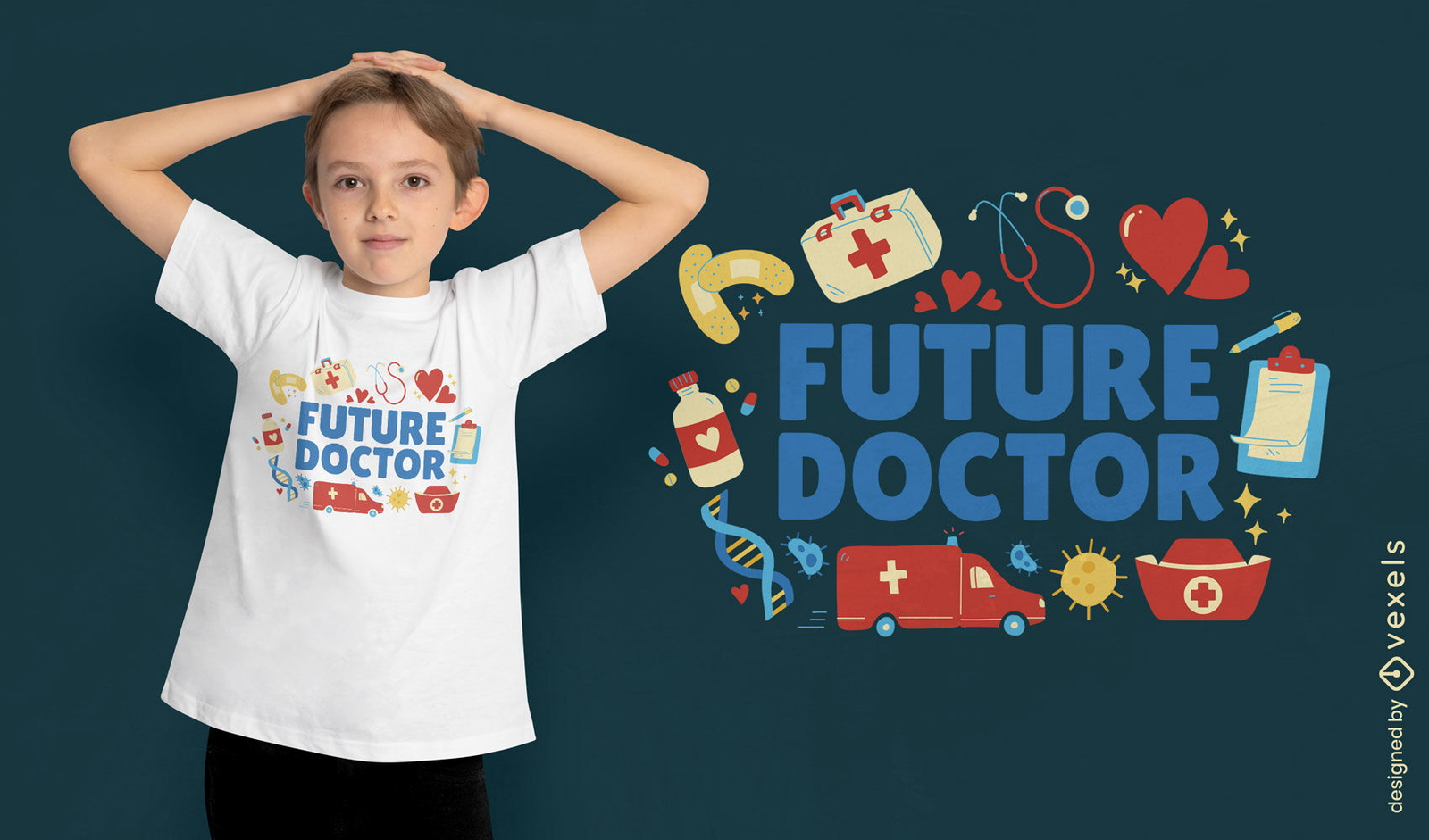 Futuro médico con diseño de camiseta de elementos médicos.