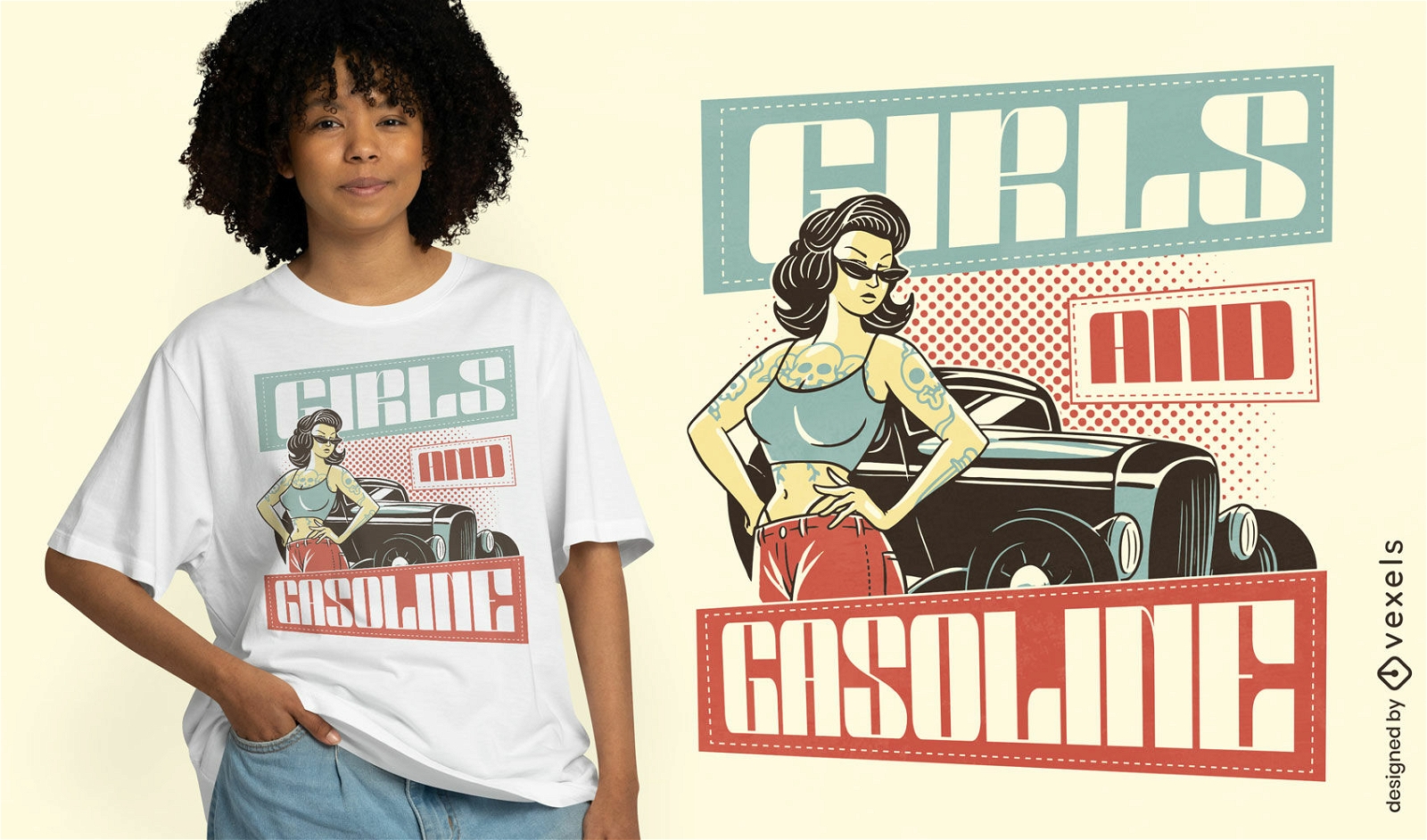 Frau mit Auto-T-Shirt-Design im Stil der 50er Jahre