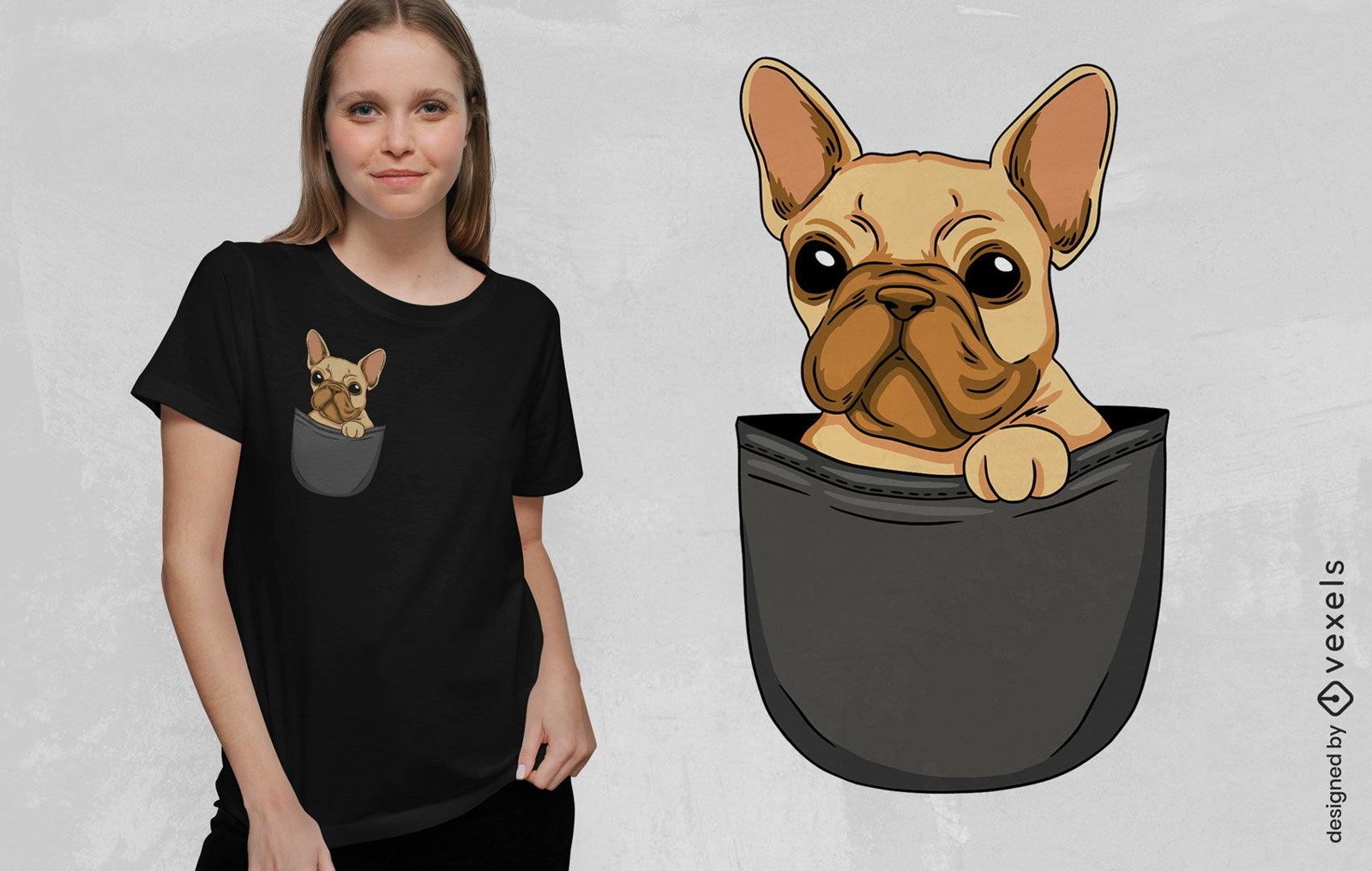 Lindo perro pug en diseño de camiseta de bolsillo