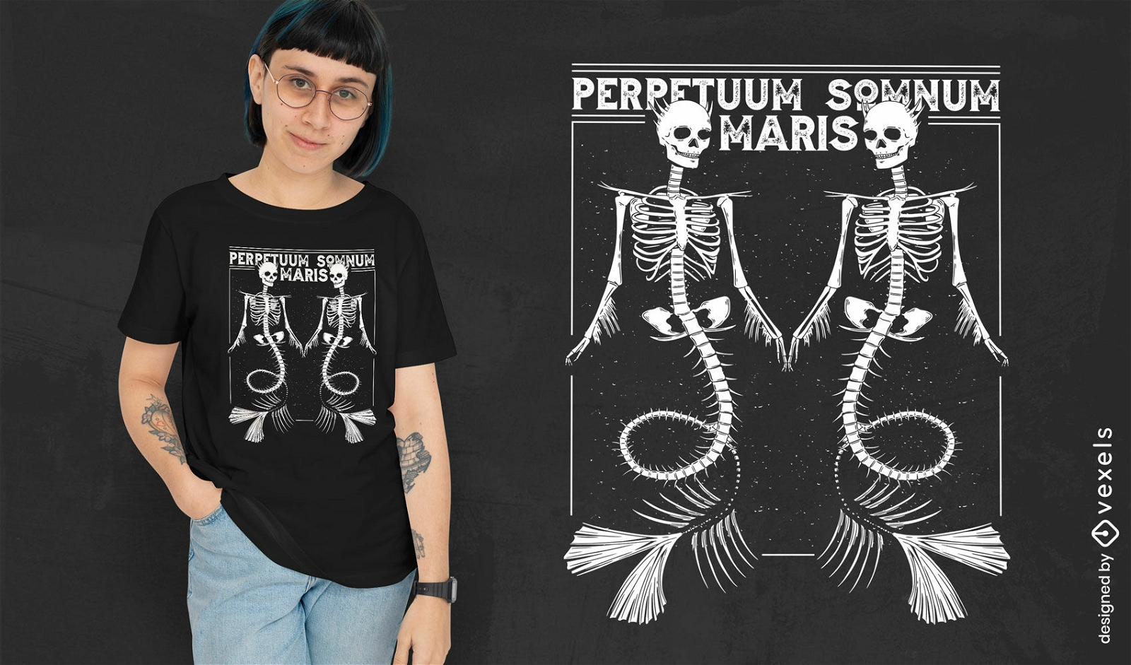 Twin skeleton mermaids t-shirt design