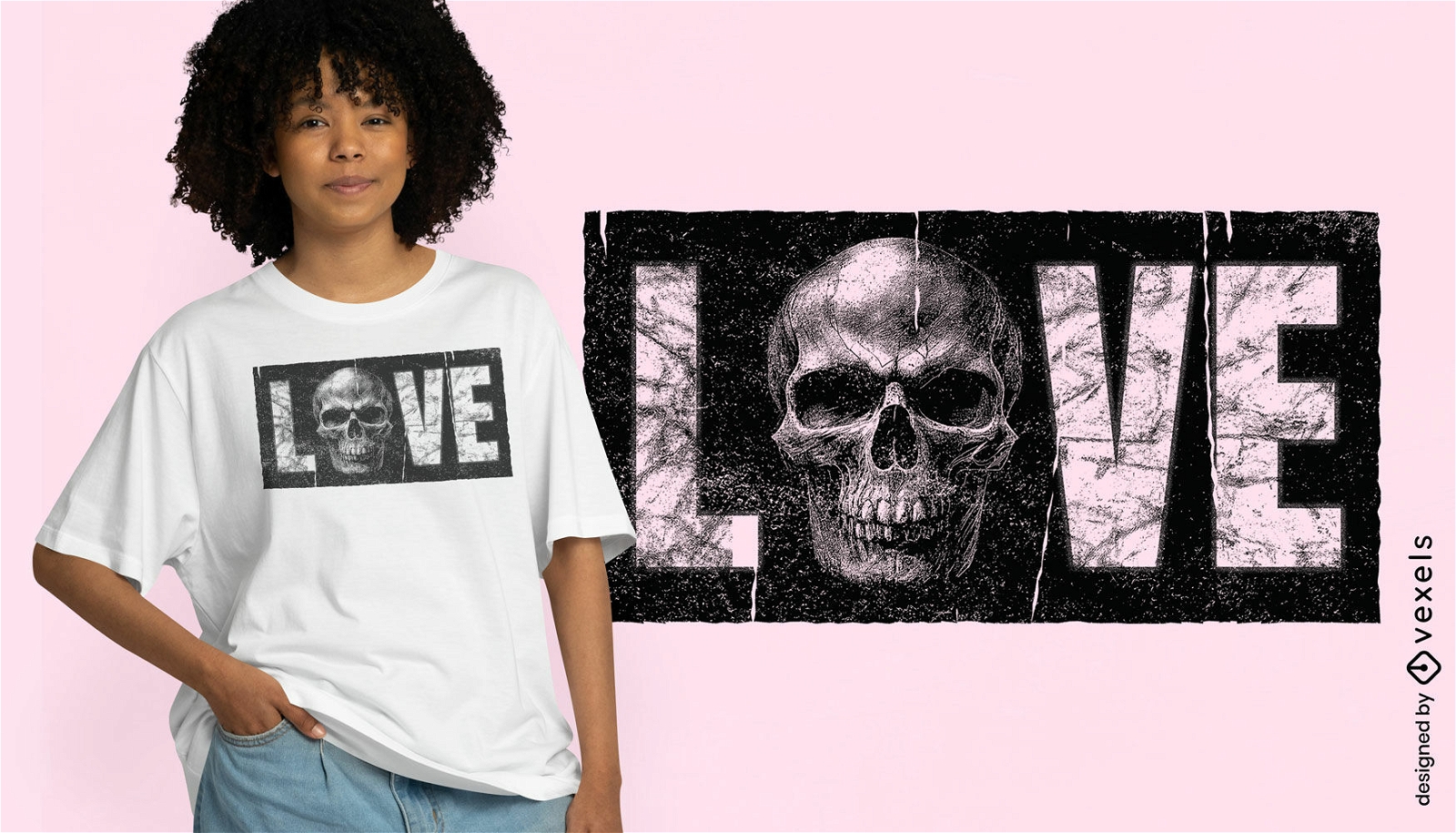 Crânio e camiseta com citações de amor psd