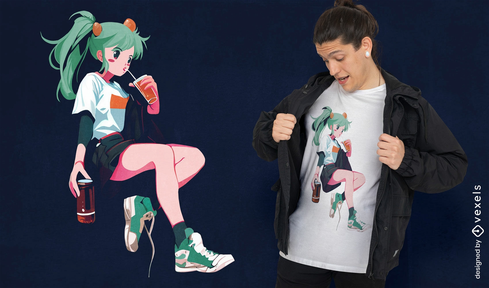Diseño de camiseta de chica anime bebiendo refrescos