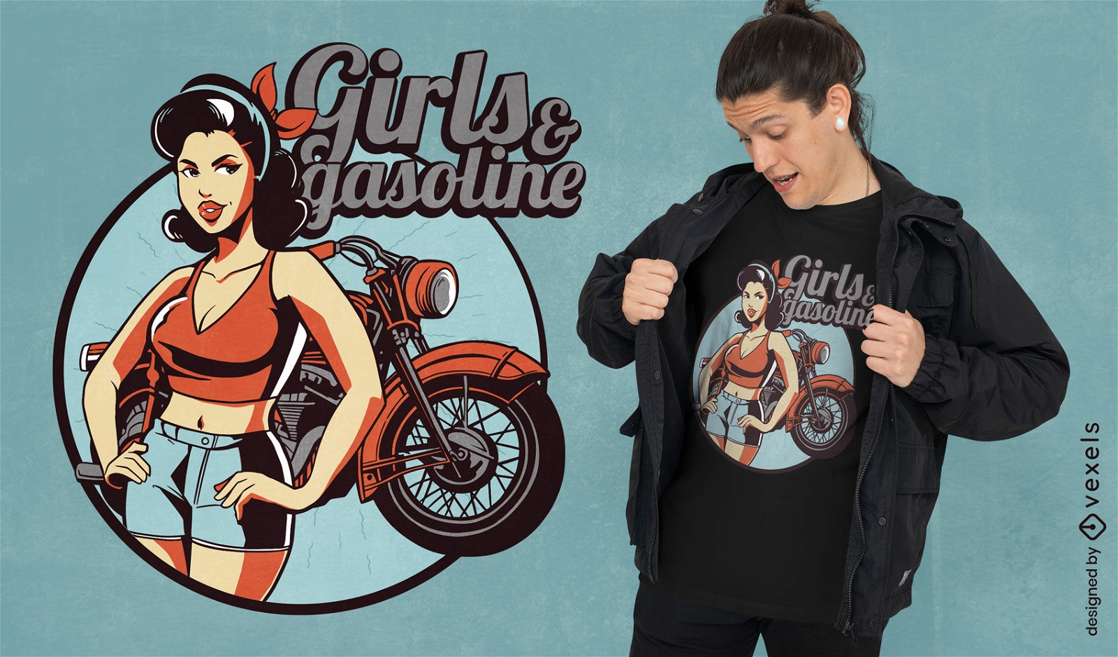 Chica latina con diseño de camiseta de moto.
