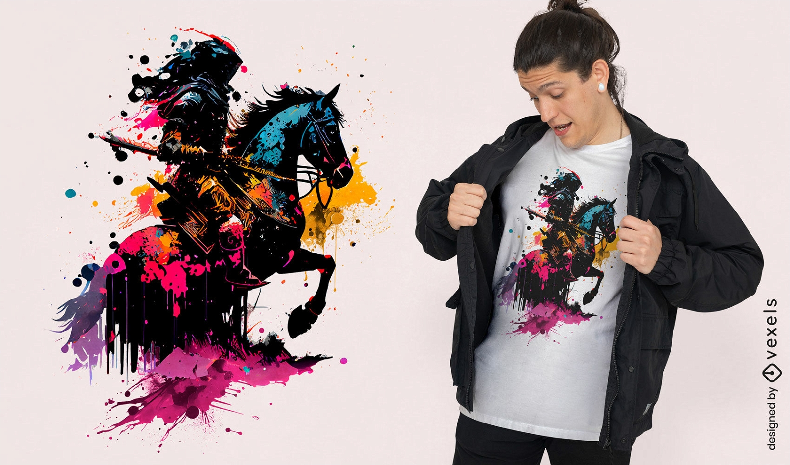 Guerreiro andando a cavalo em design de camiseta aquarela