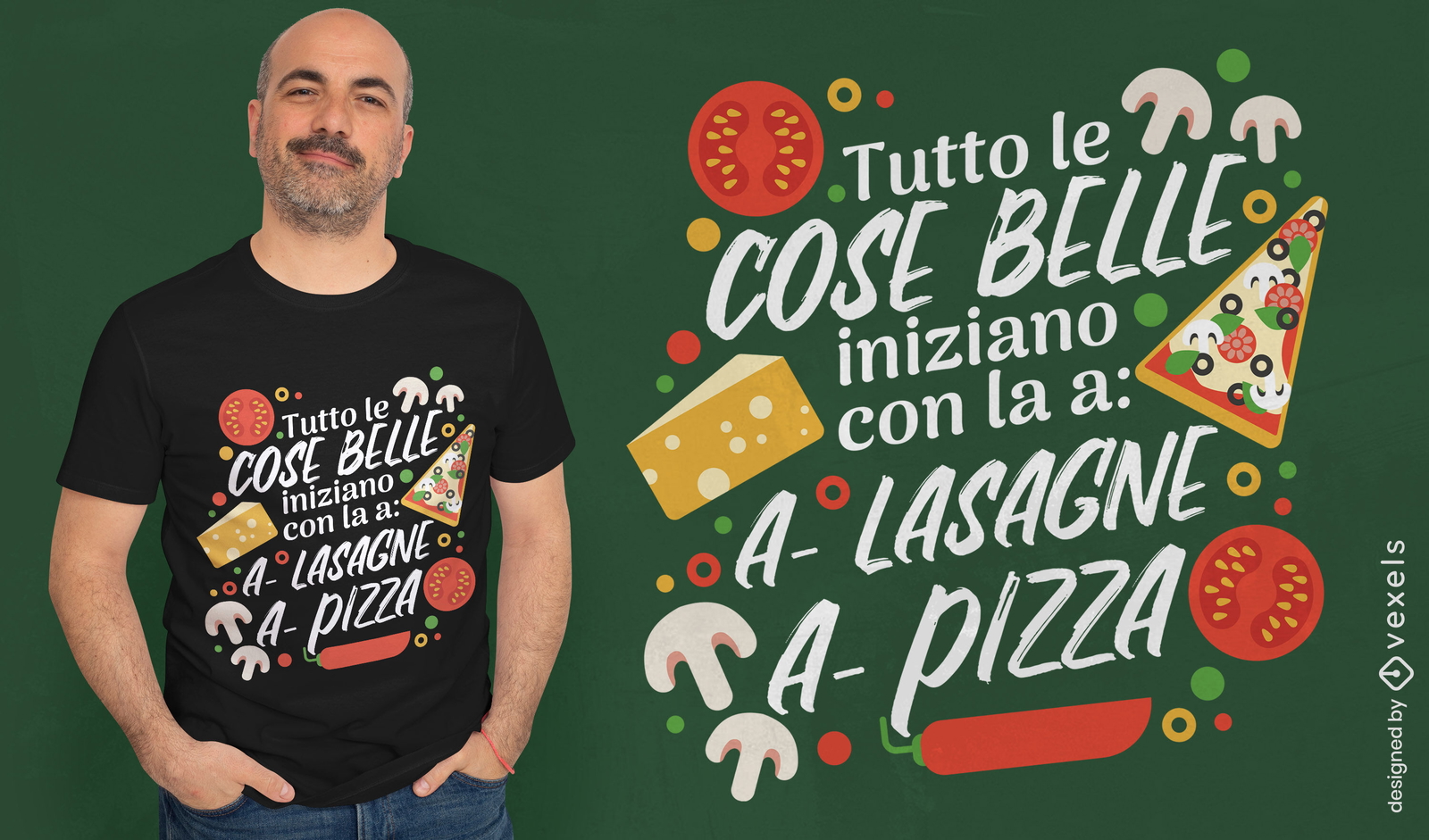 Design de camiseta com citação de comida deliciosa italiana